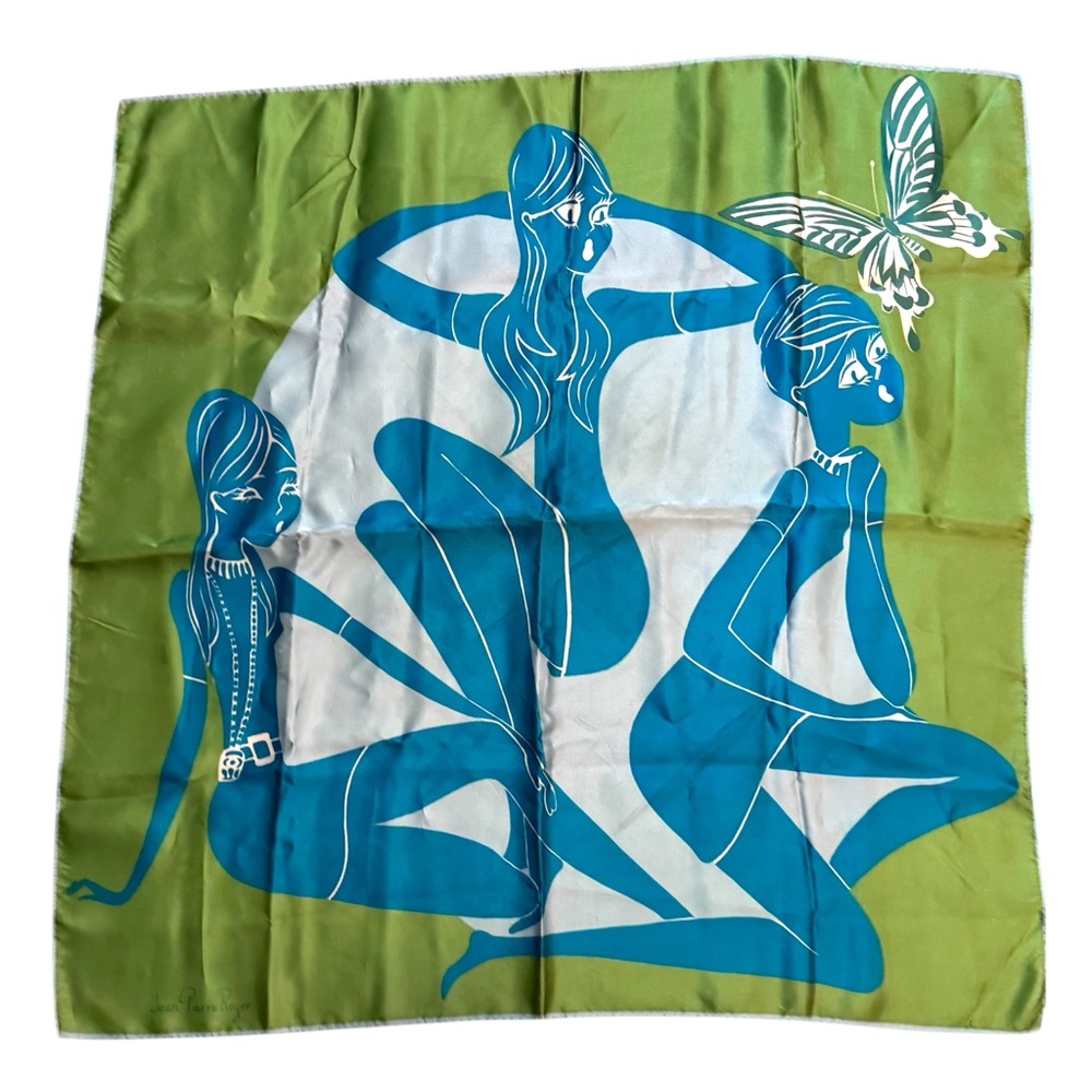 Jean Pierre Roger Paris Vintage Green & Blue Modernist Women Silk Scarf RARE
